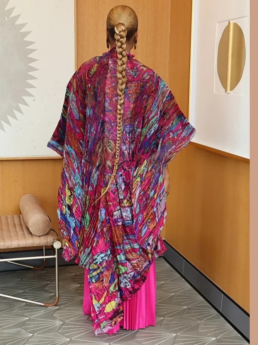 Cape-Style Draped Multicolor Abstract Print Art to Wear Statement Top One Size
